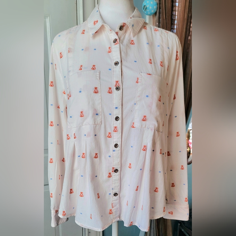 Maeve Anthropologie Miette Teepee Button Down Womens 12P Pink Blue Embroierey